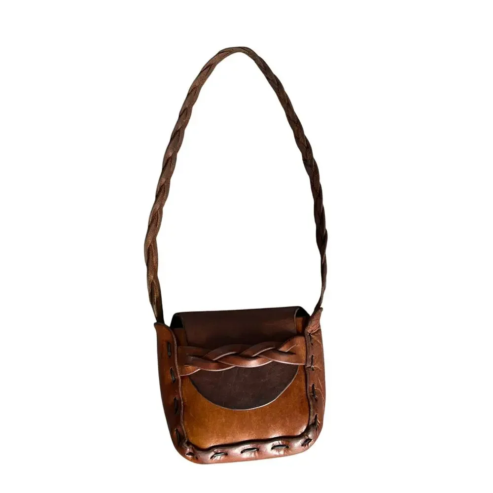 Vintage Brown Leather Shoulder Bag Braided Strap Boho Hippie